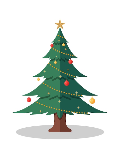 Árbol de Navidad de estilo plano con bolas de vidrio rojas y amarillas, bulbo amarillo, línea de estrellas y sombras