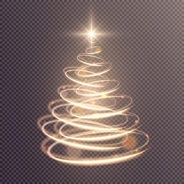 Árbol de Navidad con una estrella brillante en la parte superior y partículas de polvo de hadas brillantes con efecto transparente