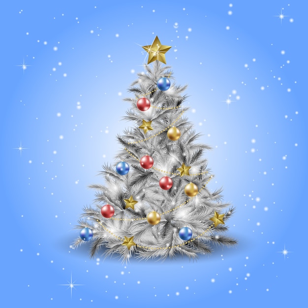 Árbol de Navidad con estrella de Navidad, bolas y luces. Abeto o pino.