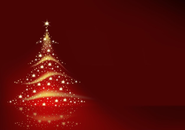 Árbol de Navidad estrellado con efectos de luz sobre fondo rojo.