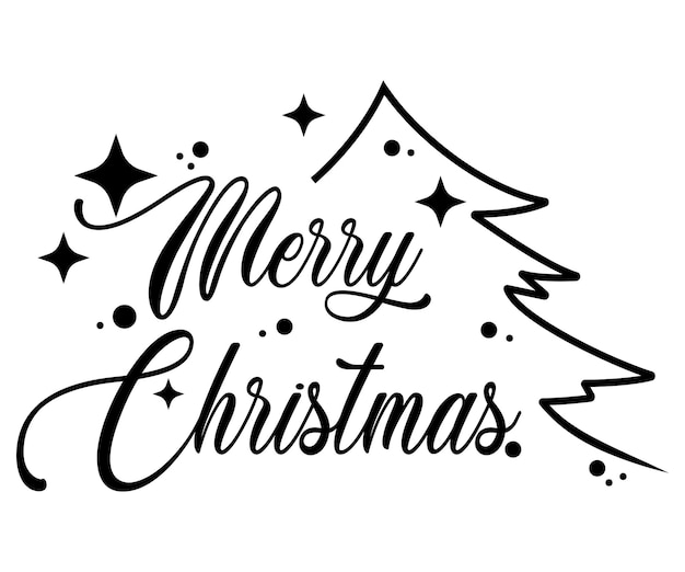 Árbol de Navidad y feliz Navidad caligrafía con letras a mano aisladas sobre fondo blanco