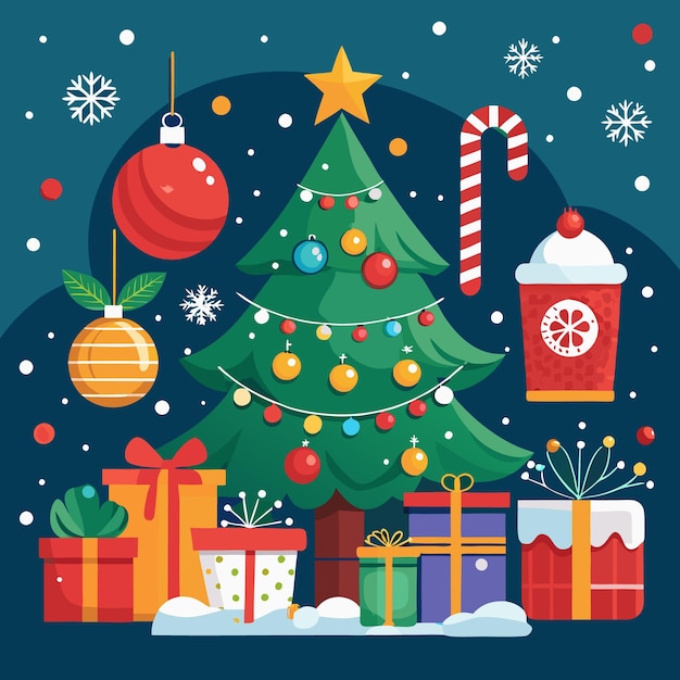 Un árbol de Navidad festivo adornado con adornos y luces rodeado de regalos envueltos un bastón de caramelo y una bebida festiva