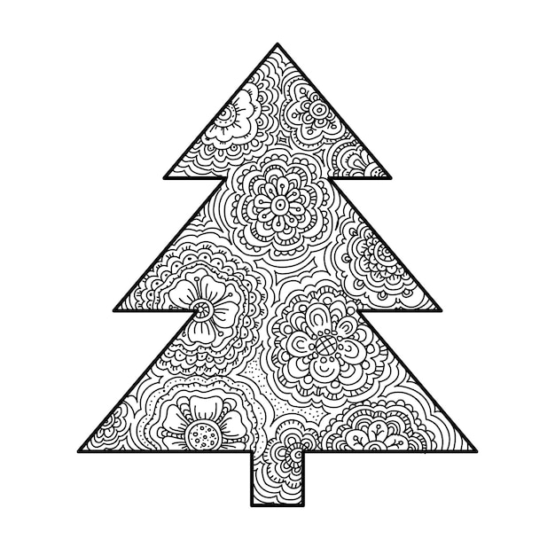Árbol de Navidad en forma de zentangle tarjeta de año nuevo decoración ornamentada letras 2025 felices vacaciones de invierno