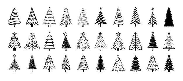 Árbol de Navidad garabateado gran conjunto de invierno árbol de Navidad dibujado a mano icono ilustración vectorial