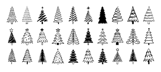 Árbol de Navidad garabateado gran conjunto de invierno árbol de Navidad dibujado a mano icono ilustración vectorial
