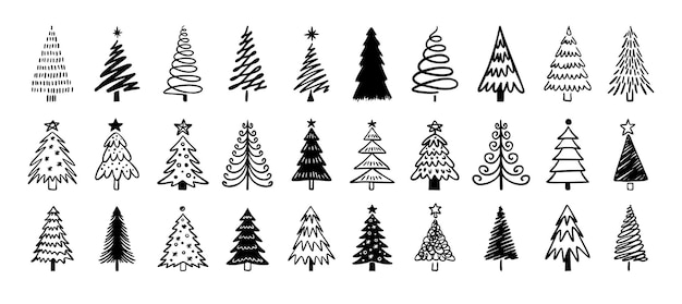 Árbol de Navidad garabateado gran conjunto de invierno árbol de Navidad dibujado a mano icono ilustración vectorial