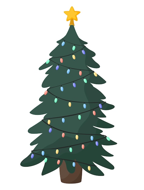 Vector Árbol de navidad con guirnalda. abeto verde. estrella amarilla. ilustración colorida. elemento vectorial