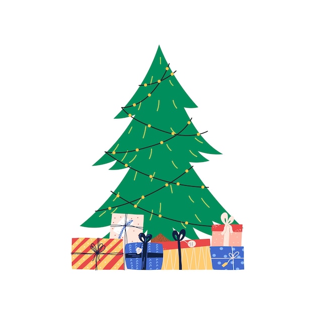 Vector Árbol de navidad con guirnalda ligera y pila de cajas de regalo ilustración vectorial plana aislada en blanco