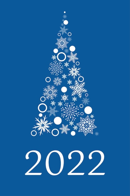 Árbol de Navidad hecho de copos de nieve blancos sobre un fondo azul, texto de tarjeta de año nuevo 2022, vector