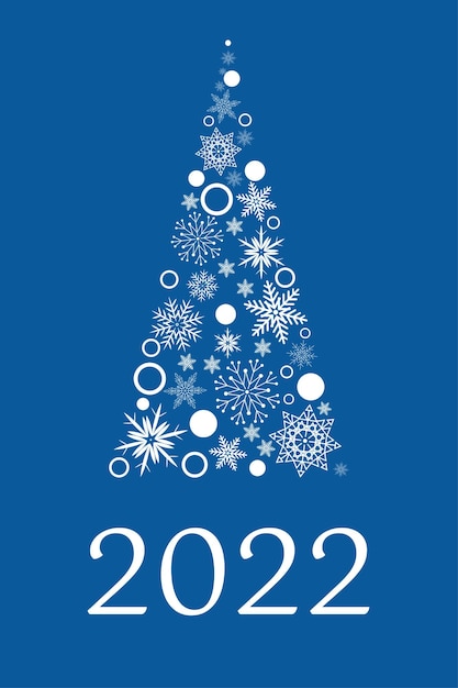 Árbol de navidad hecho de copos de nieve blancos sobre un fondo azul, texto de tarjeta de año nuevo 2022, vector