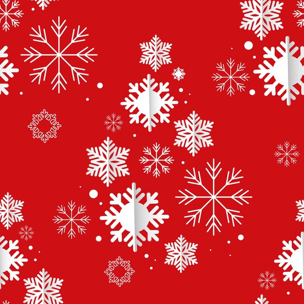 Árbol de Navidad hecho de copos de nieve sobre un fondo rojo Copos de neve blancos sobre rojo Patrón vectorial sin costuras