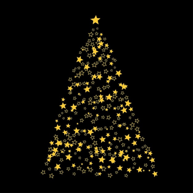 Árbol de Navidad hecho de estrellas doradas en un diseño gráfico negro para Año Nuevo o superposición de tarjetas de Navidad