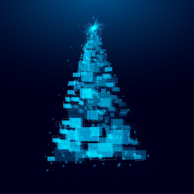 Árbol de Navidad hecho de formas geométricas luces y destellos Cyber Christmas o Feliz Año Nuevo concepto Vector tech background