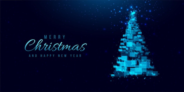 Vector Árbol de navidad hecho de formas geométricas luces y destellos cyber christmas o feliz año nuevo concepto vector tech background