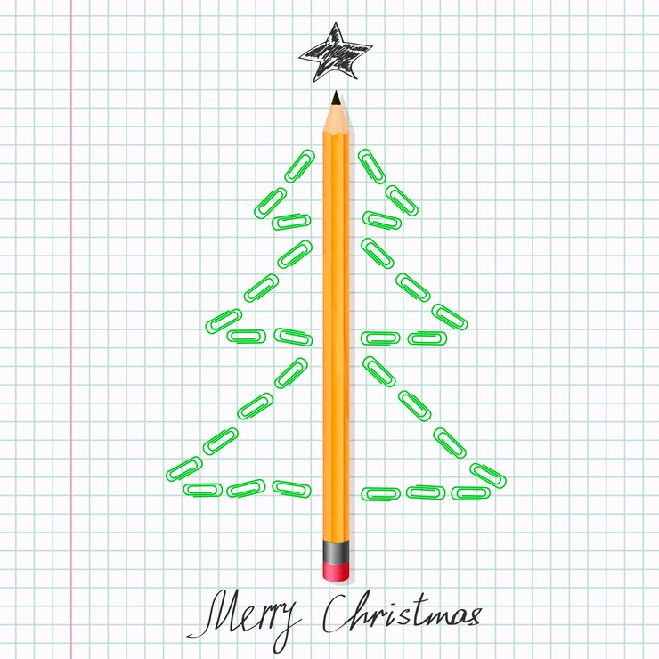 Vector árbol de navidad hecho de lápiz y sujetapapeles en hoja de papel