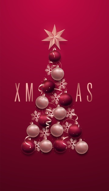 Árbol de Navidad hecho de oro rosa y pelotas realistas rojas estrellas copos de nieve