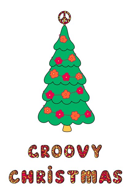 Árbol de Navidad hippie y letras de Navidad maravillosas. Tarjeta de felicitación de Navidad y año nuevo