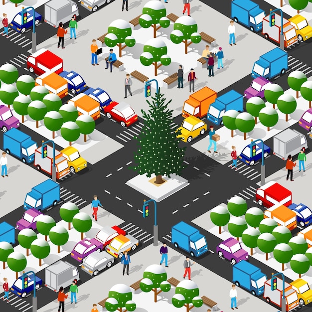 Árbol de Navidad de invierno Año Nuevo es una ciudad isométrica con calles
