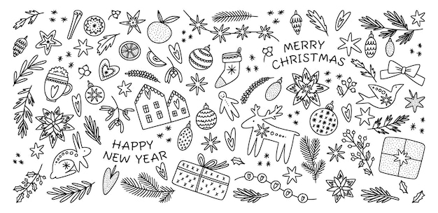 Árbol de Navidad y juguetes dibujos de vacaciones de invierno decoración de la fiesta de Papá Noel estrellas lindas y paloma ramas de coníferas aisladas y dibujadas a mano pájaro y dulces regalos de Navidad conjunto vectorial de íconos