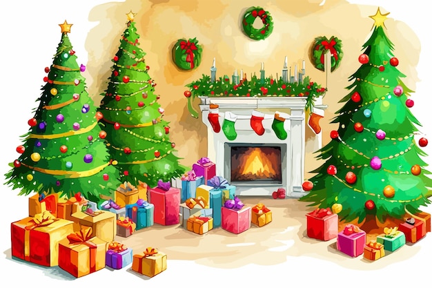 Árbol de navidad con juguetes y regalos decoran el interior de la pared de estuco vacía maqueta vector acuarela