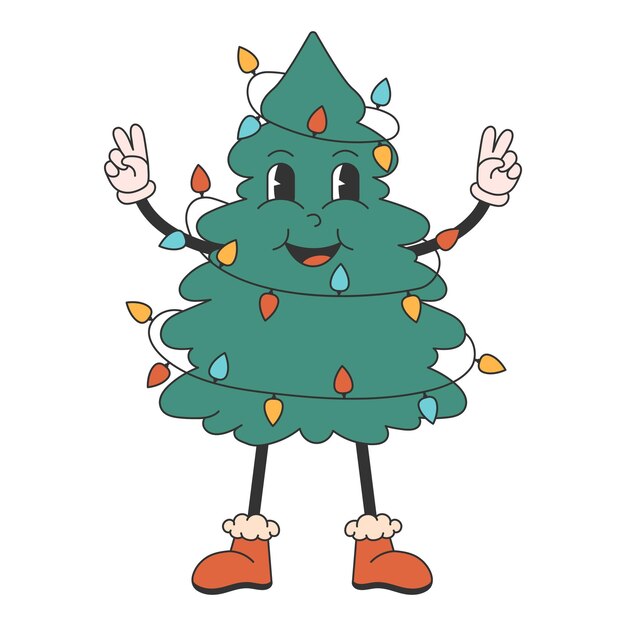 Árbol de Navidad lindo en el estilo groovy de los años 70 estilo retro de moda para el diseño navideño ilustración vectorial