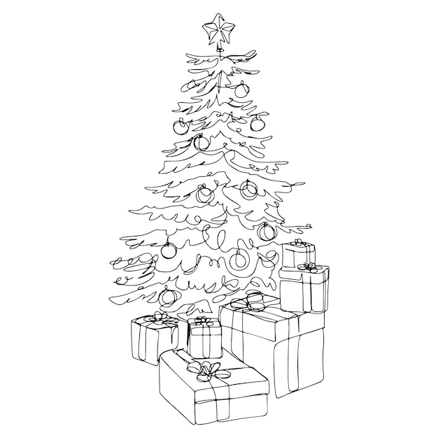 Árbol de Navidad de una línea con cajas de regalo Dibujo de línea continua