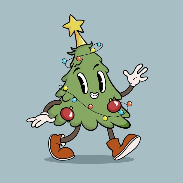 Árbol de Navidad con luces y adornos Retro groovy personaje de Navidad mascota 70s 80s vibración Ilustración vectorial