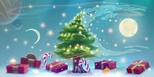Árbol de Navidad con luces brillantes, regalos y dulces.