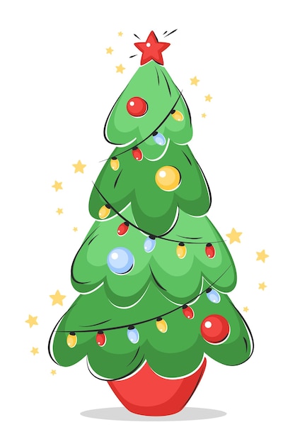 Vector Árbol de navidad con luces de estrella, bolas de decoración y lámparas.