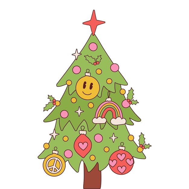Árbol de navidad maravilloso retro aislado en un fondo blanco impresión de sublimación de estilo hippie para vacaciones