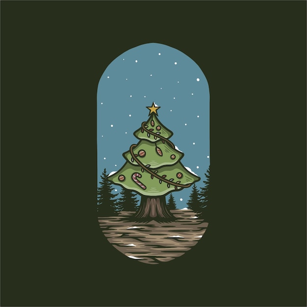 Árbol de navidad, con, nieve, vendimia, vector, ilustración