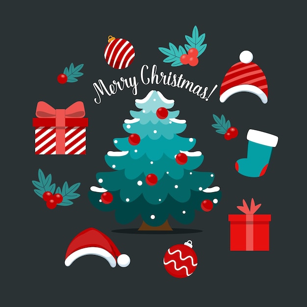 Árbol de Navidad y objeto festivo decorativo Feliz Navidad y próspero año nuevo Ilustración vectorial