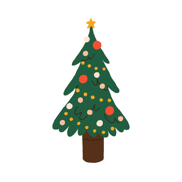 Árbol de Navidad en olla Abeto de Navidad tradicional decorado con adornos festivos estrella de guirnaldas para las vacaciones de invierno Abeto con decoración Ilustración vectorial plana aislada sobre fondo blanco