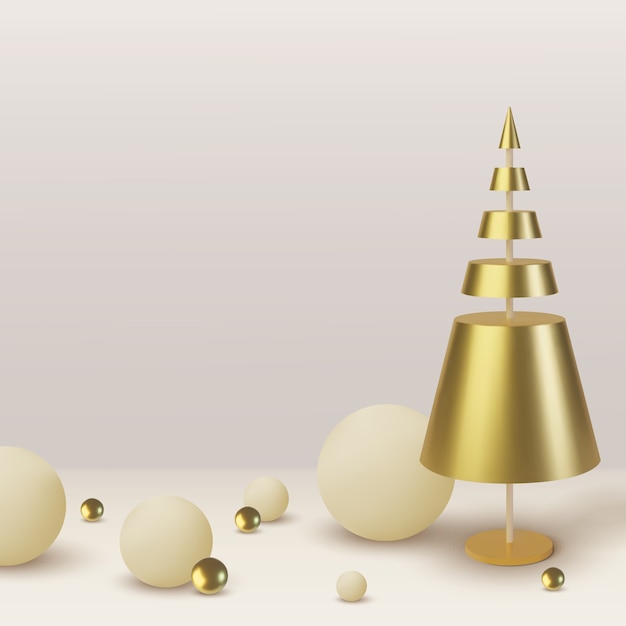 Árbol de Navidad de oro metálico. Fondo abstracto realista con. Tarjeta de felicitación, invitación con feliz año nuevo y Navidad.