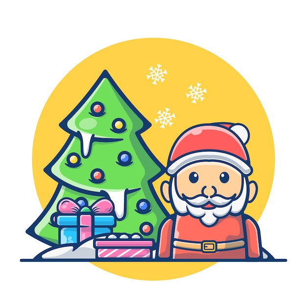 Vector Árbol de navidad con papá noel y caja regalo