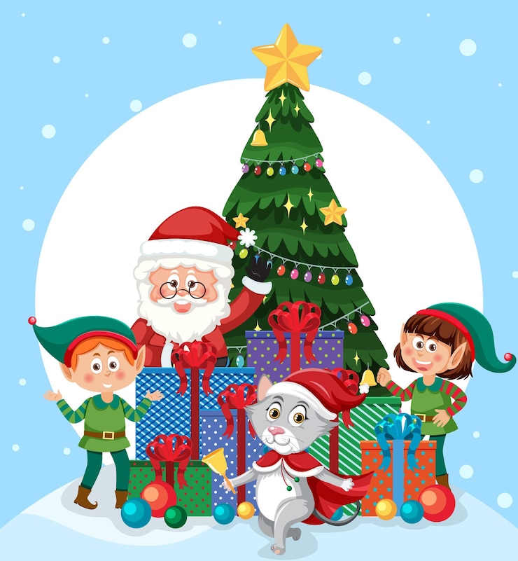 Vector árbol de navidad con personaje de dibujos animados de duendes