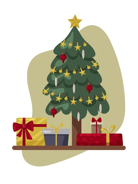 Árbol de navidad con pinos de regalo para vacaciones de tarjetas de felicitación hermoso árbol de navidad elegante y regalos