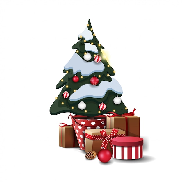 Árbol de Navidad plantado en una maceta decorada con bolas de Navidad y guirnaldas con regalos aislados sobre fondo blanco.