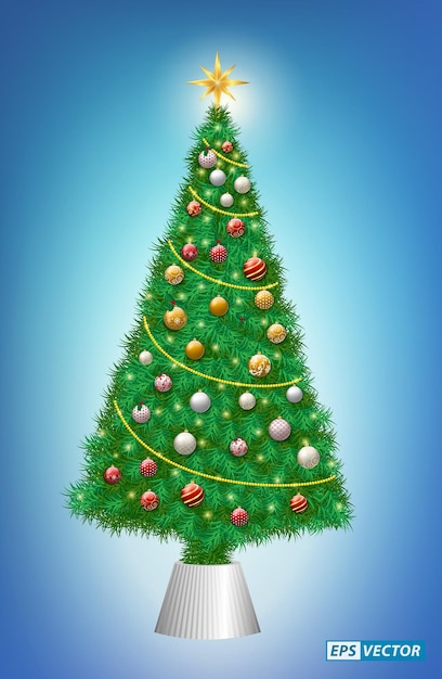 Árbol de navidad realista con decoración o árbol de navidad de abeto de lujo con lámpara de estrella y caja de regalo