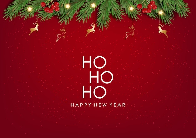 Árbol de Navidad realistas ramas de abeto verde Feliz Navidad bandera roja Feliz año nuevo fondo