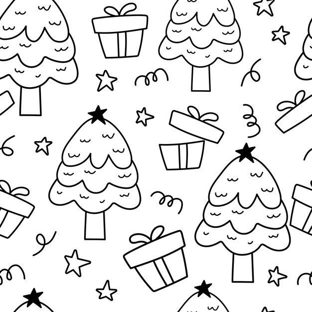 Árbol de Navidad y regalo doodle diseño de fondo de patrón sin costuras dibujado a mano para envolver papel tapiz de plantilla de póster