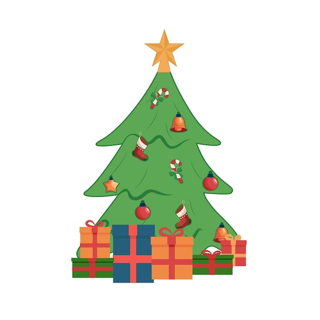 Árbol de Navidad con regalos de adornos y estrella aislado en blanco