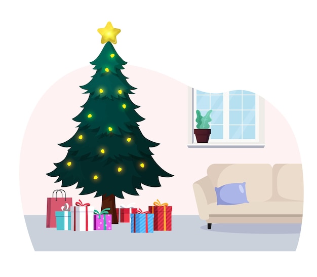 Árbol de navidad, con, regalos, en, casa, ilustración