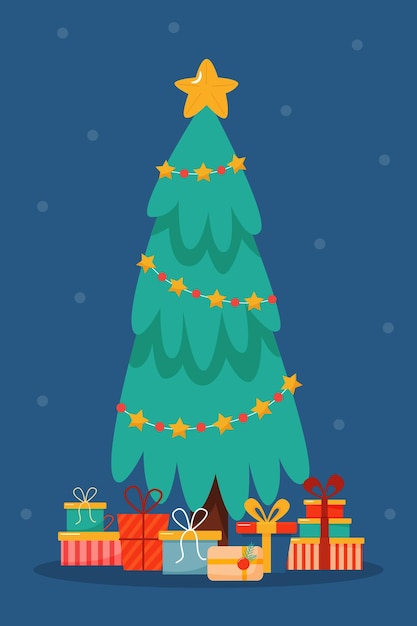 Vector Árbol de navidad con regalos sobre fondo azul ilustración vectorial para decoración de carteles postales