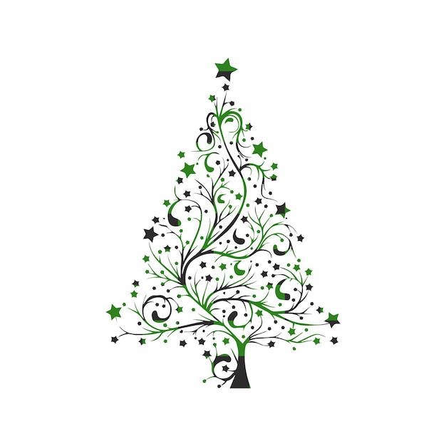 Vector un árbol de navidad con remolinos verdes y negros y estrellas de arte vectorial a cuadros de búfalo