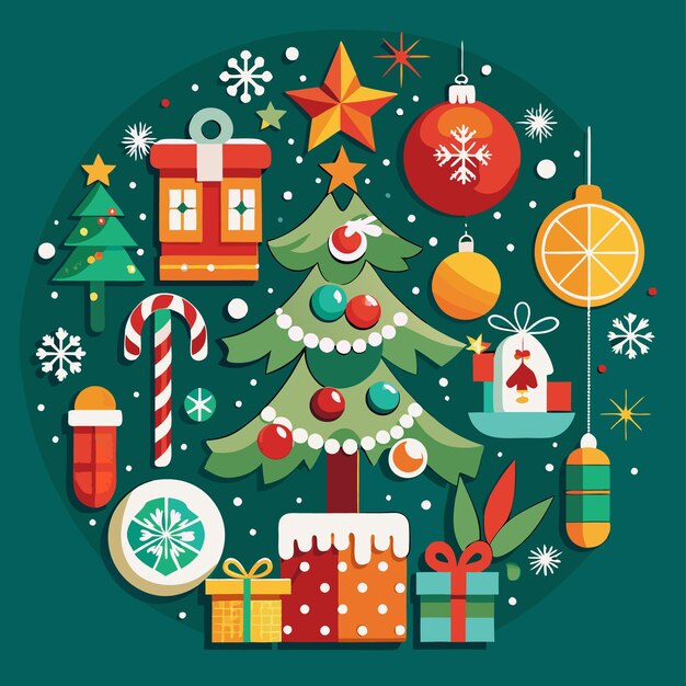 Un árbol de Navidad rodeado de regalos, adornos y bastones de caramelo en un fondo verde con un patrón de copo de nieve