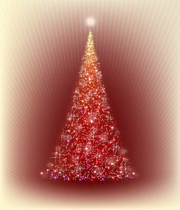 Vector árbol de navidad rojo sobre un fondo beige con rayos