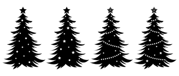 Árbol de Navidad de silueta negra. Conjunto de árboles de Navidad con decoraciones. Ilustración de vector.