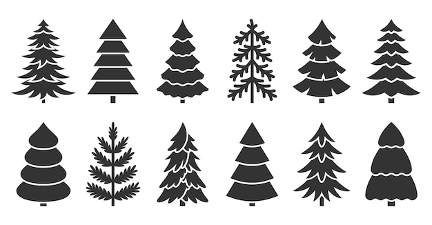 Árbol de Navidad silueta sello negro glifo conjunto Etiqueta engomada de vacaciones diferente forma bosque natural siempre verde objeto Elemento monocromo para tarjeta de vacaciones decoración año nuevo simple impresión simple aislado blanco