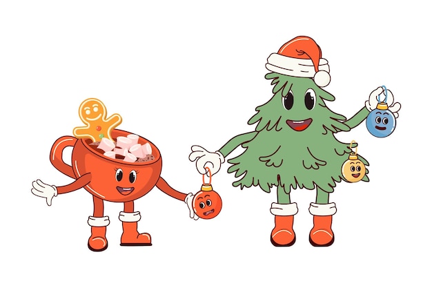 Árbol de Navidad y taza con cacao caliente y malvaviscos personaje retro en dibujos animados de moda groovy
